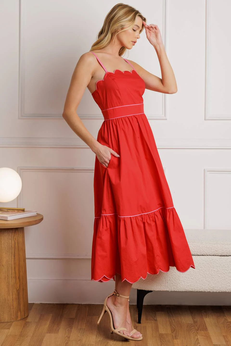 SWEET DREAMS - RED & PINK - SCALLOPED EDGE MIDI DRESS - Image 6