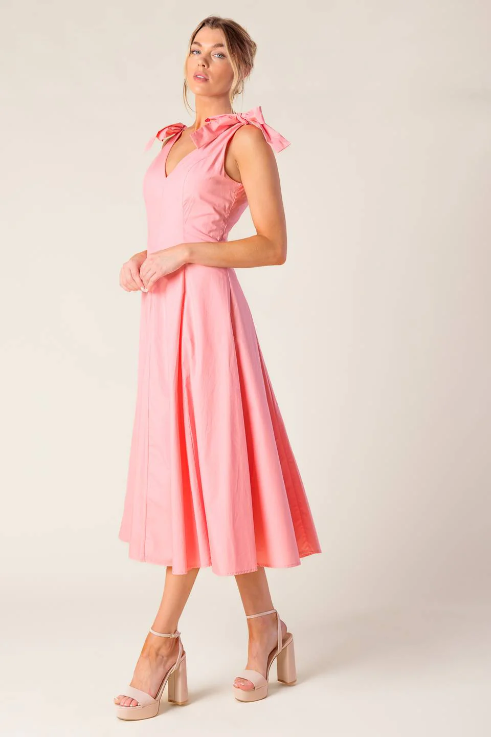 SWEET NOTHINGS SHOULDER BOW MIDI DRESS - PEACH - Image 3