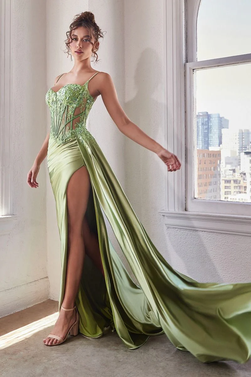 Teagan Gown - Greenery - Fitted Satin & Lace Dress - Image 2