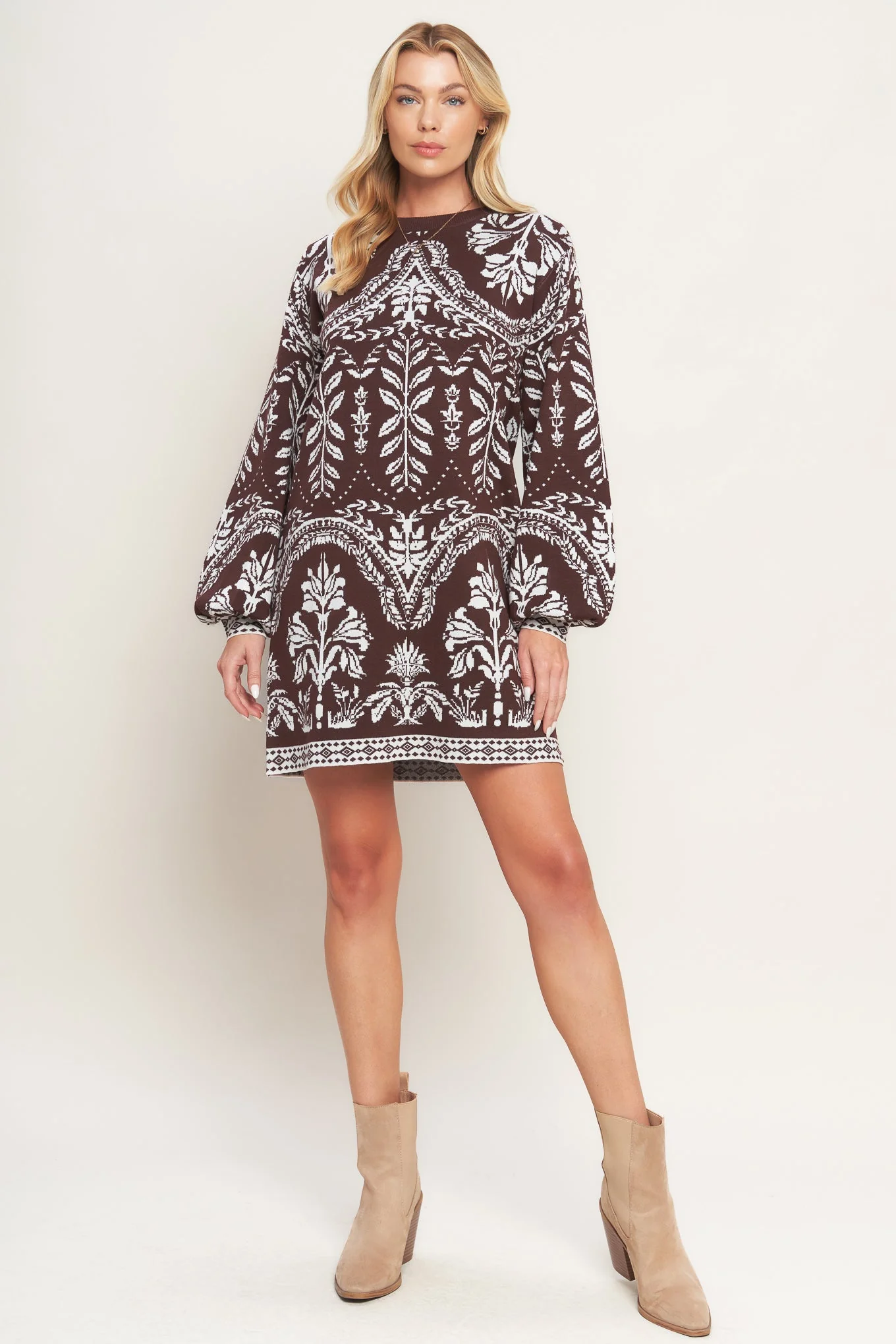 TERRA TAPESTRY BROWN SWEATER KNIT MINI DRESS - Image 5