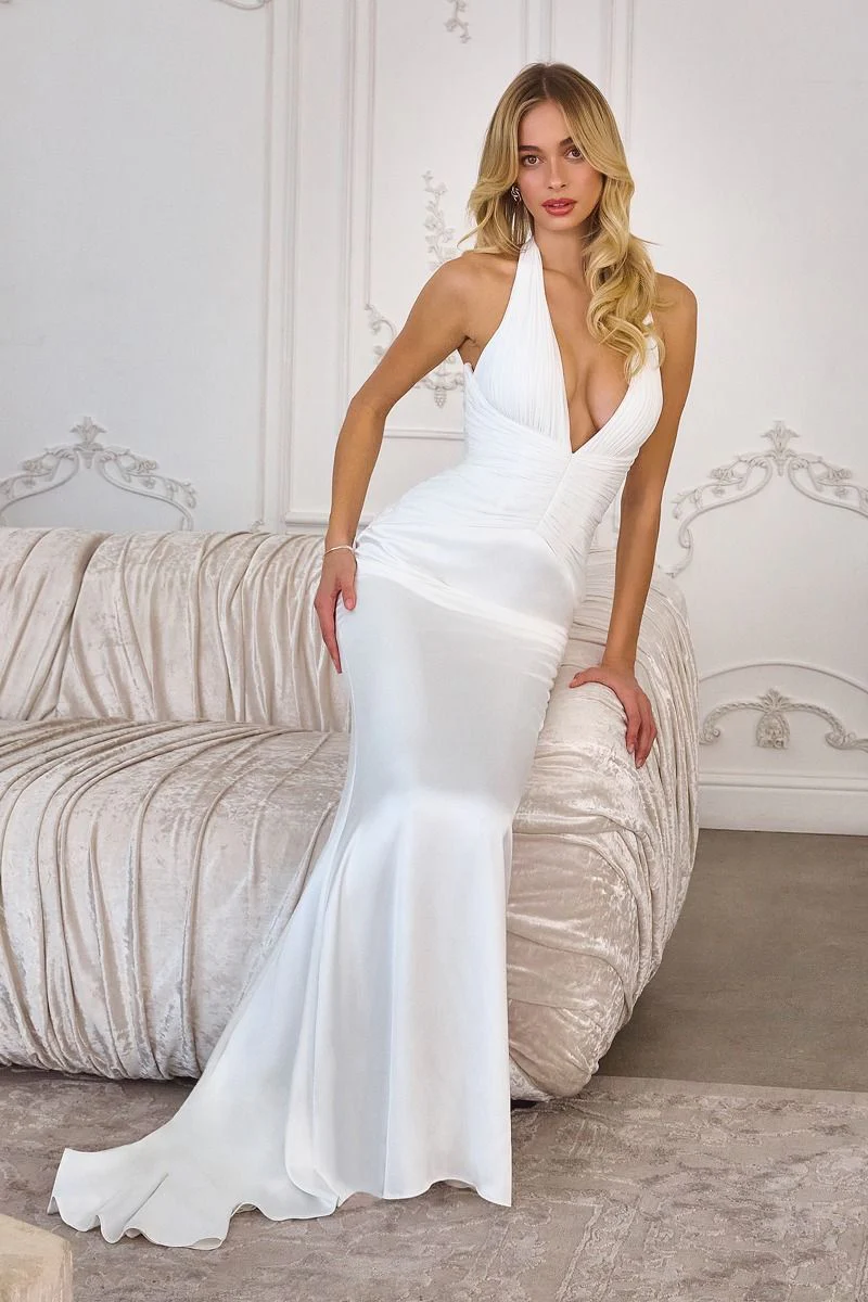 Tessa Gown - Off White Mermaid Halter Satin Gown - Image 3