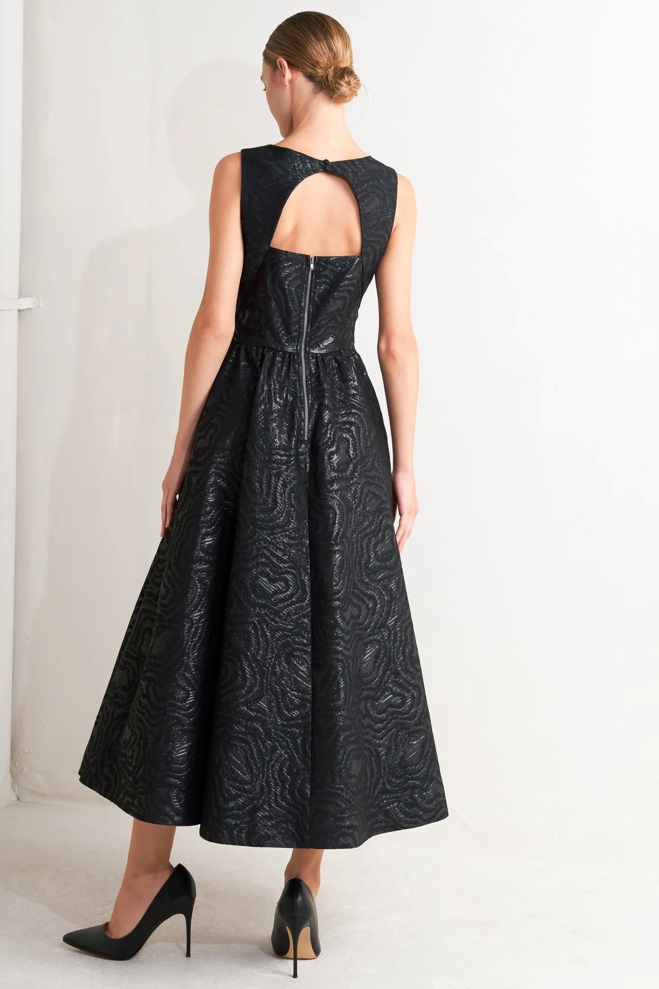 TEXTURED BLACK MIDI DRESS WITH OPEN BACK - FINAL SALE - Image 2