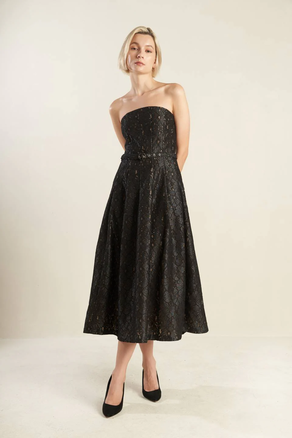 THE TRUTH IS STRAPLESS BLACK LACE MIDI DRESS - FINAL SALE