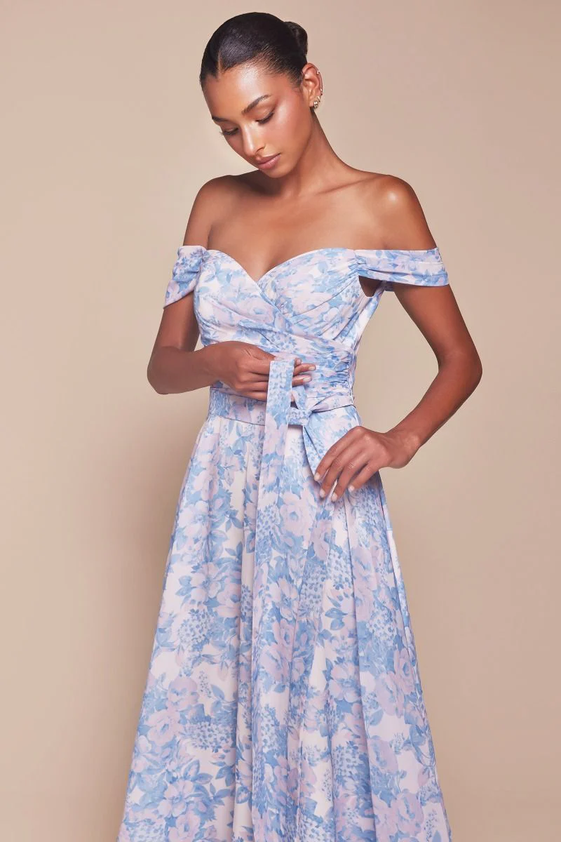 TILDA GOWN - BLUE - OFF THE SHOULDER FLORAL PRINTED A-LINE DRESS - Image 3