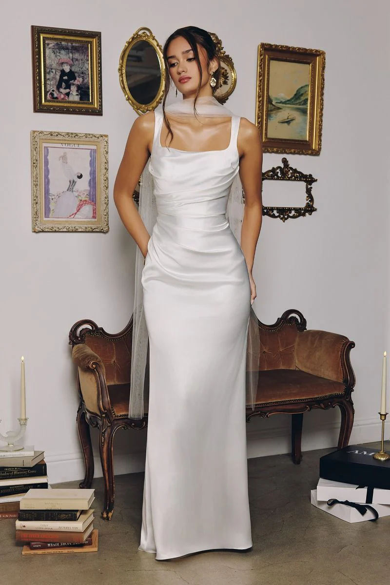 Toby Maxi - Off White Satin Dress with Lace Up Back & Scarf - Image 2