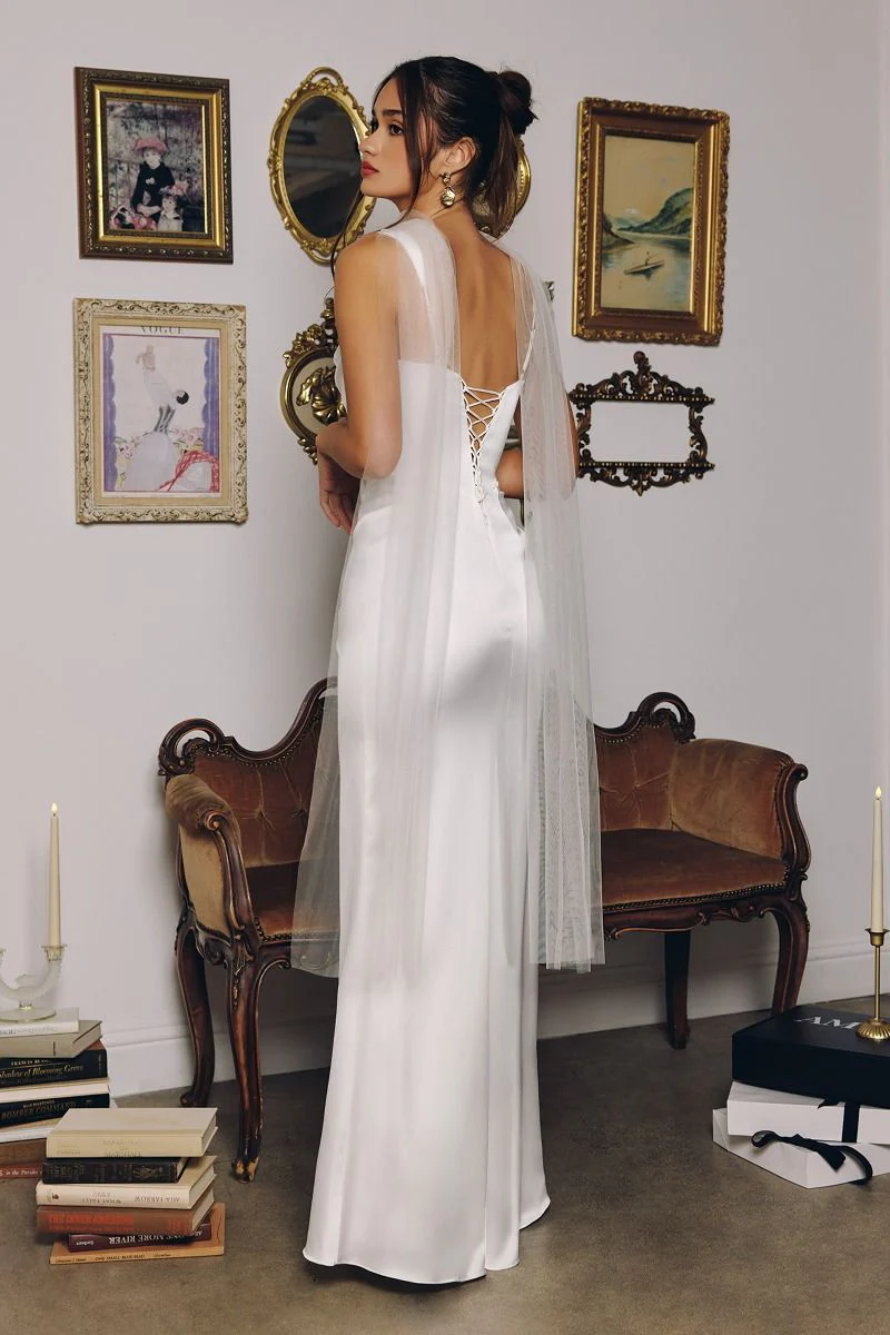 Toby Maxi - Off White Satin Dress with Lace Up Back & Scarf - Image 4