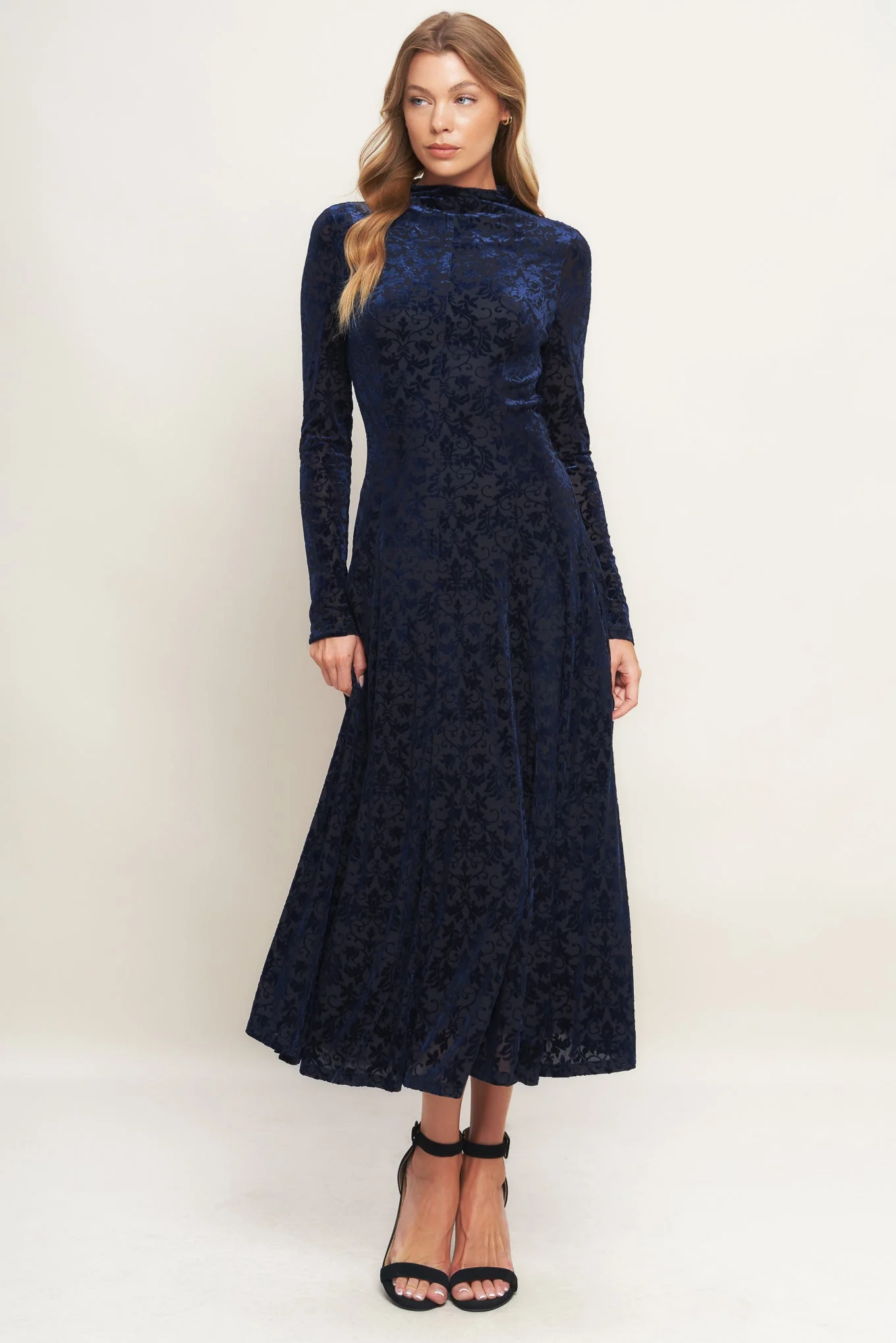 Size Small, VELVET GALAXY CHARM MIDI DRESS - NAVY - FINAL SALE