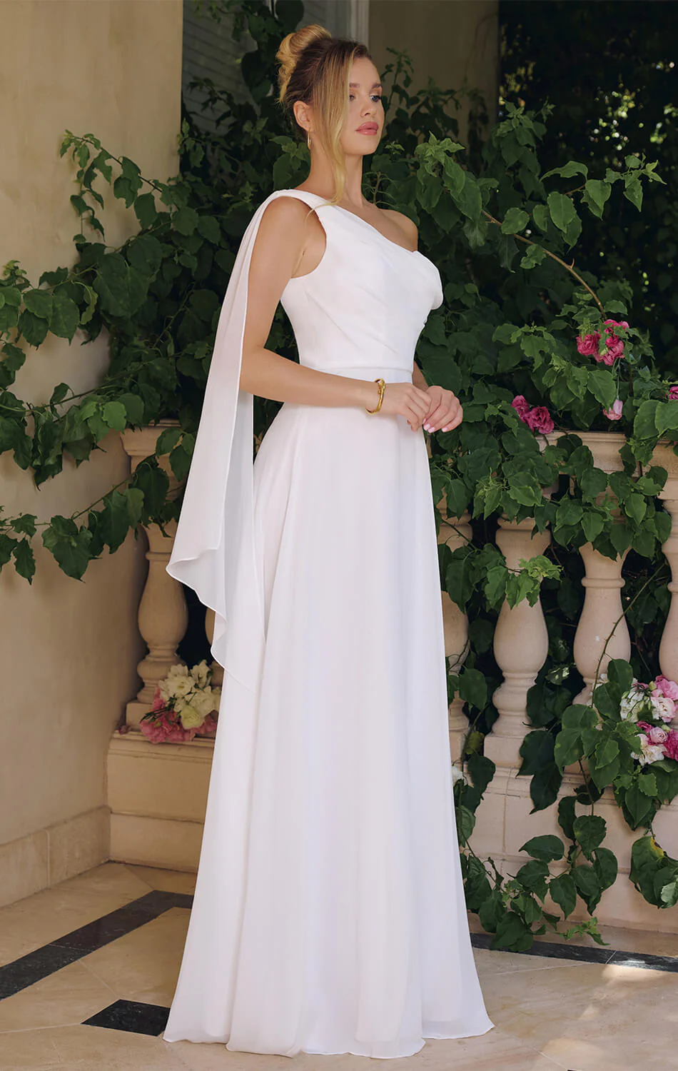 VENUS GOWN - OFF-WHITE ONE SHOULDER CHIFFON DRESS - Image 3