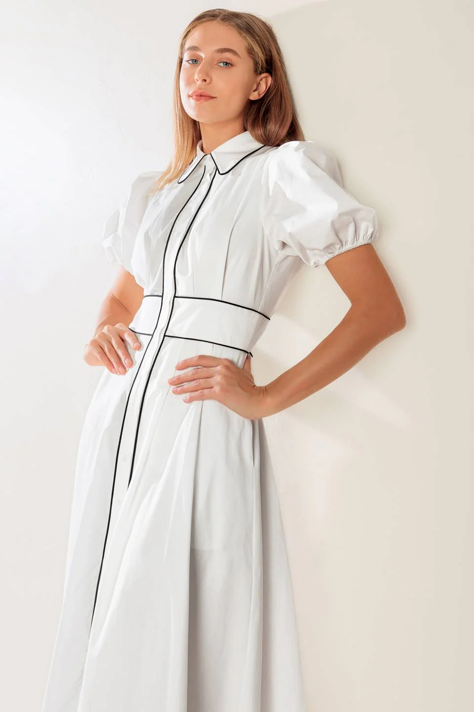 VINTAGE VIBES PUFF SLEEVE MIDI DRESS - WHITE - Image 8
