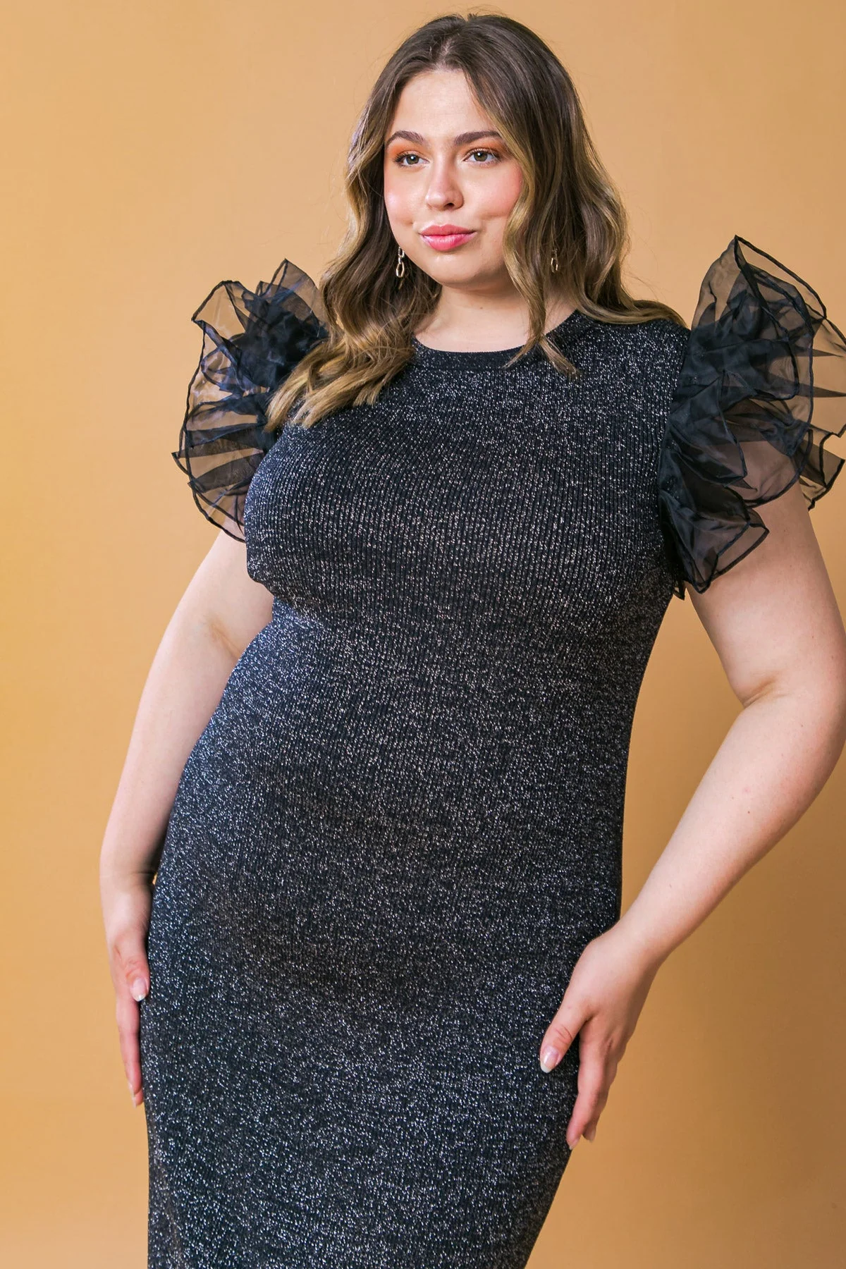 VOLUMINOUS POWER METALLIC BLACK MIDI DRESS - Image 9