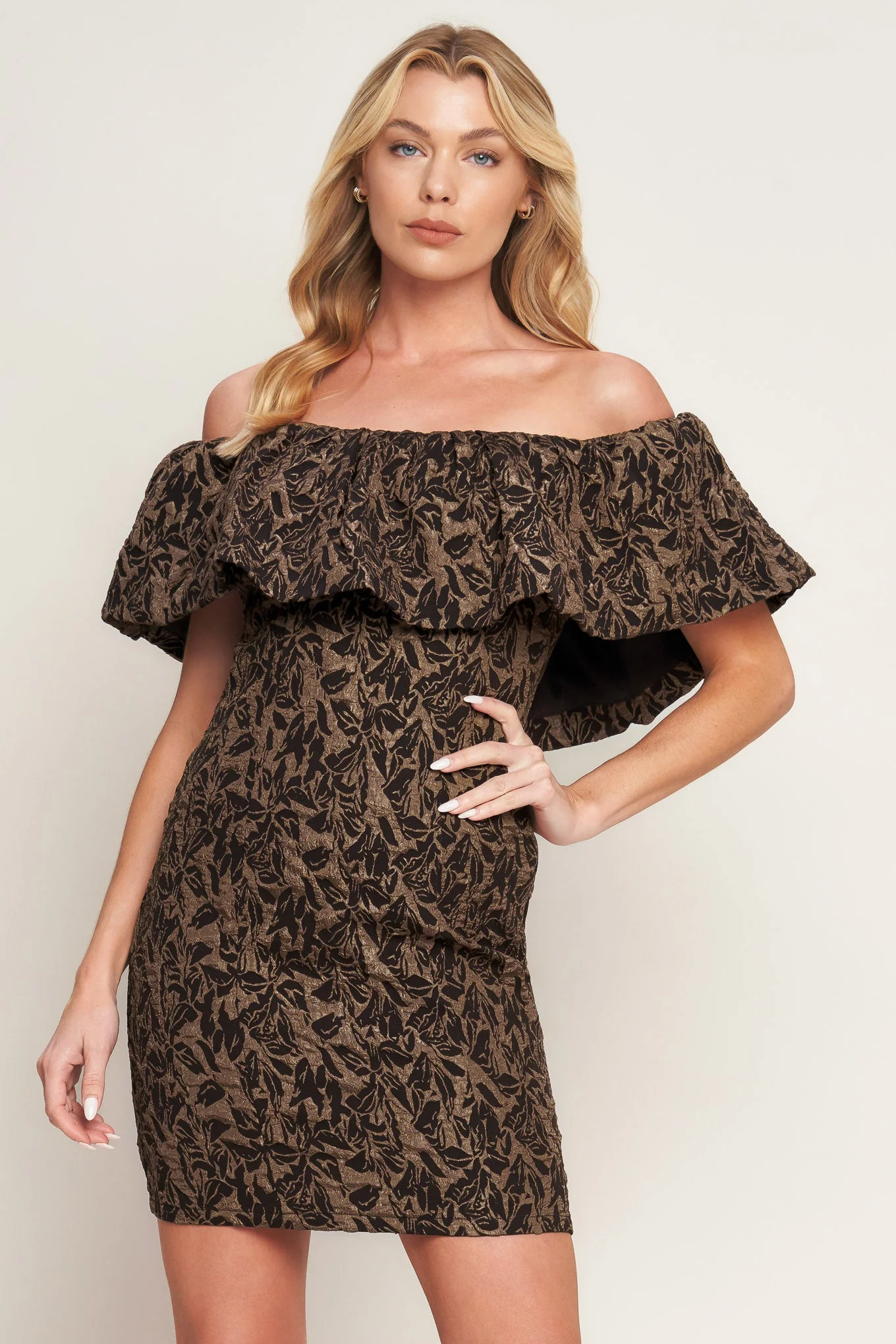 WHEREVER YOU MAY GO BROWN MINI DRESS WITH FLOUNCE - Image 4