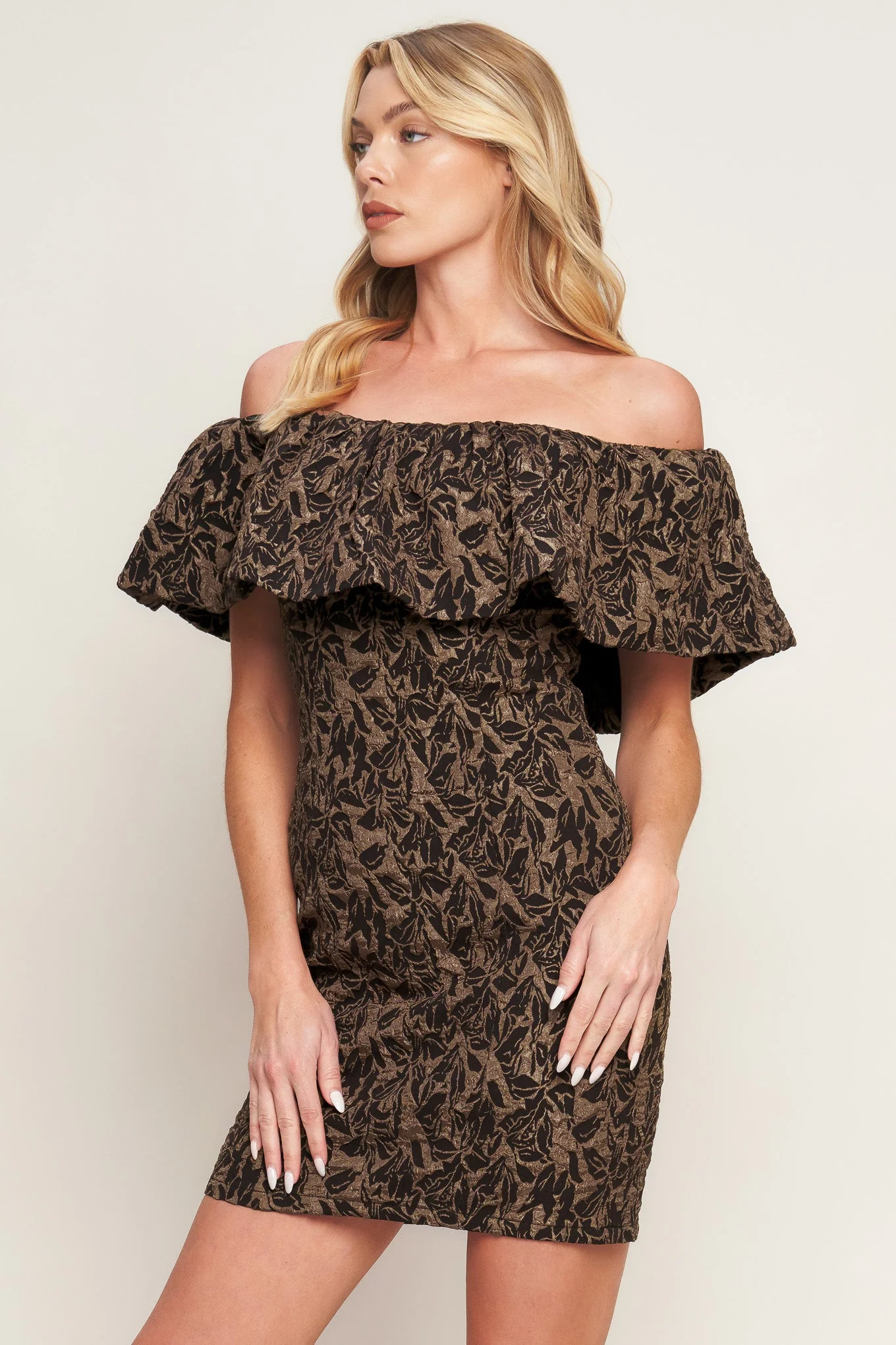 WHEREVER YOU MAY GO BROWN MINI DRESS WITH FLOUNCE - Image 5