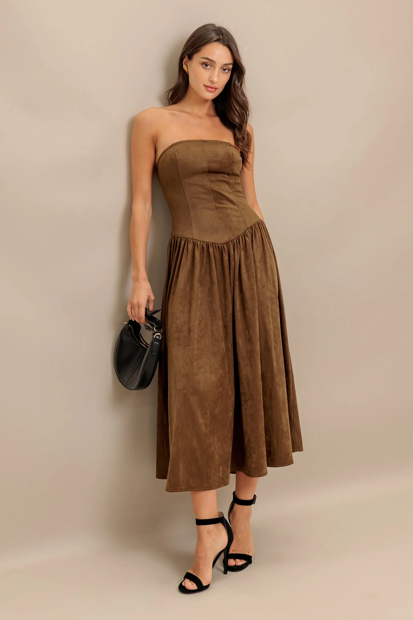 WILD ESPRESSO BROWN FAUX SUEDE MIDI DRESS - Image 3