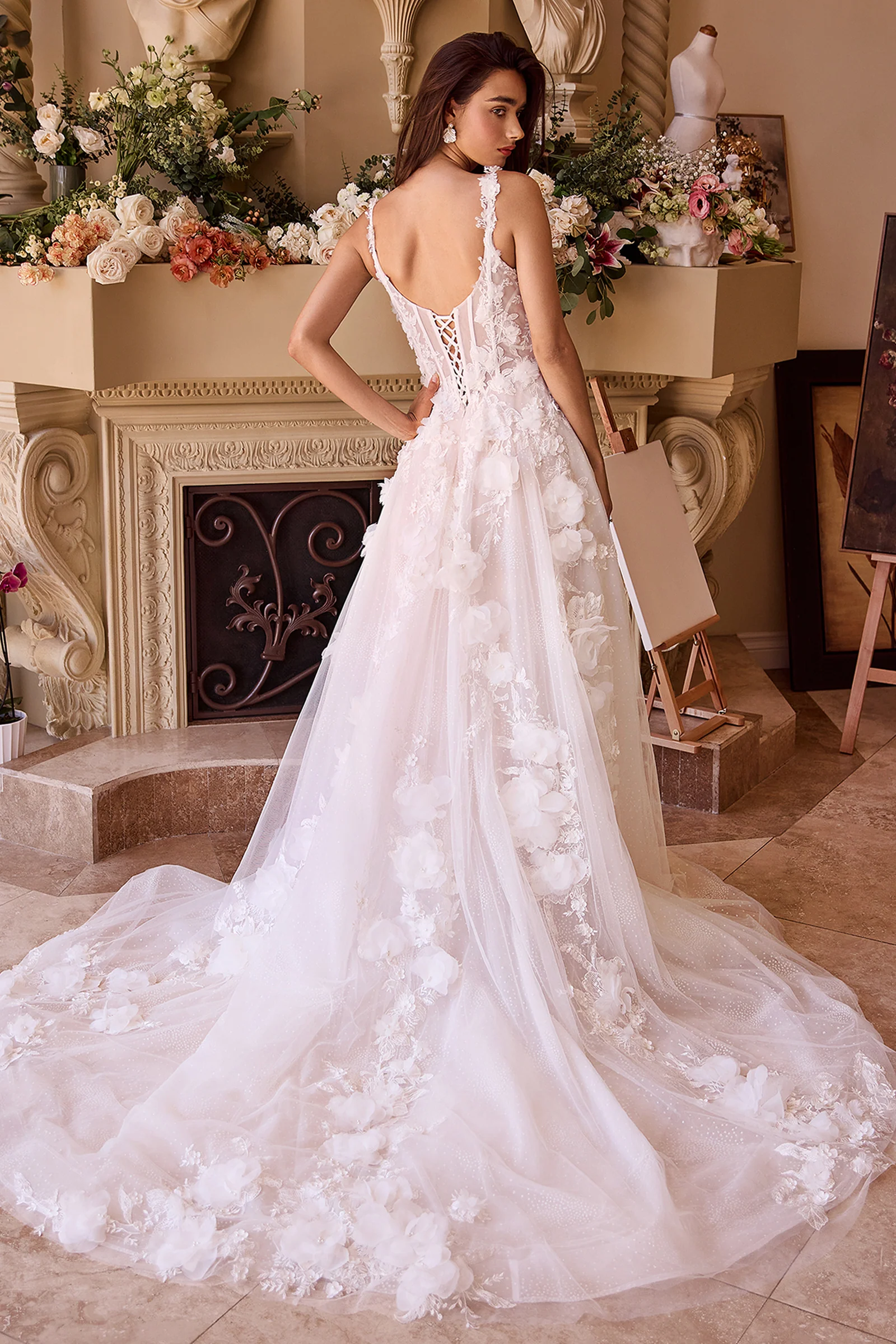 WL045 - Intricate Floral Applique A-Line Tulle Wedding Dress - Andrea & Leo - Image 3