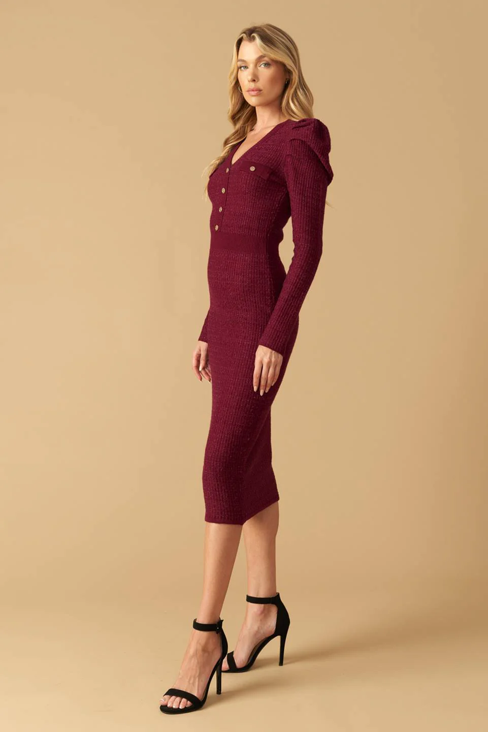 Size Small, YOUNG LOVE - BURGUNDY - PUFF SLEEVE SWEATER DRESS - FINAL SALE - Image 3