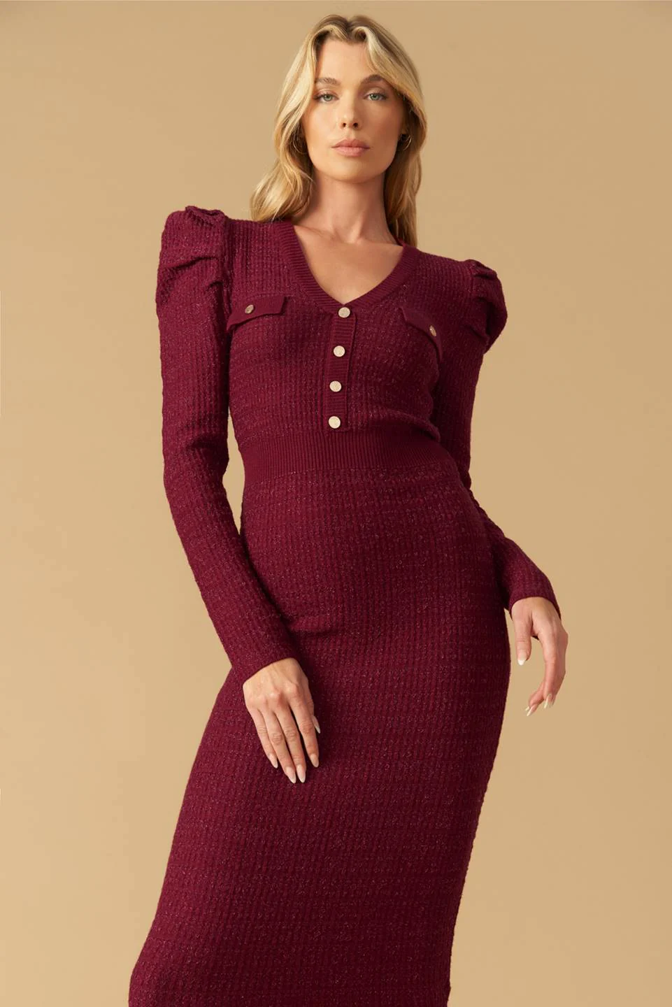 Size Small, YOUNG LOVE - BURGUNDY - PUFF SLEEVE SWEATER DRESS - FINAL SALE - Image 7