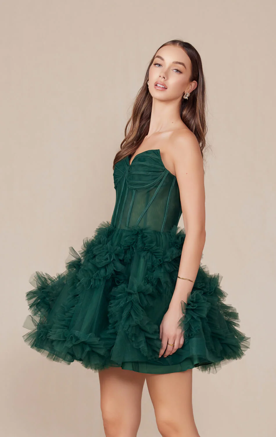 YVONNE RUFFLE SKIRT MINI DRESS - EMERALD - Image 3